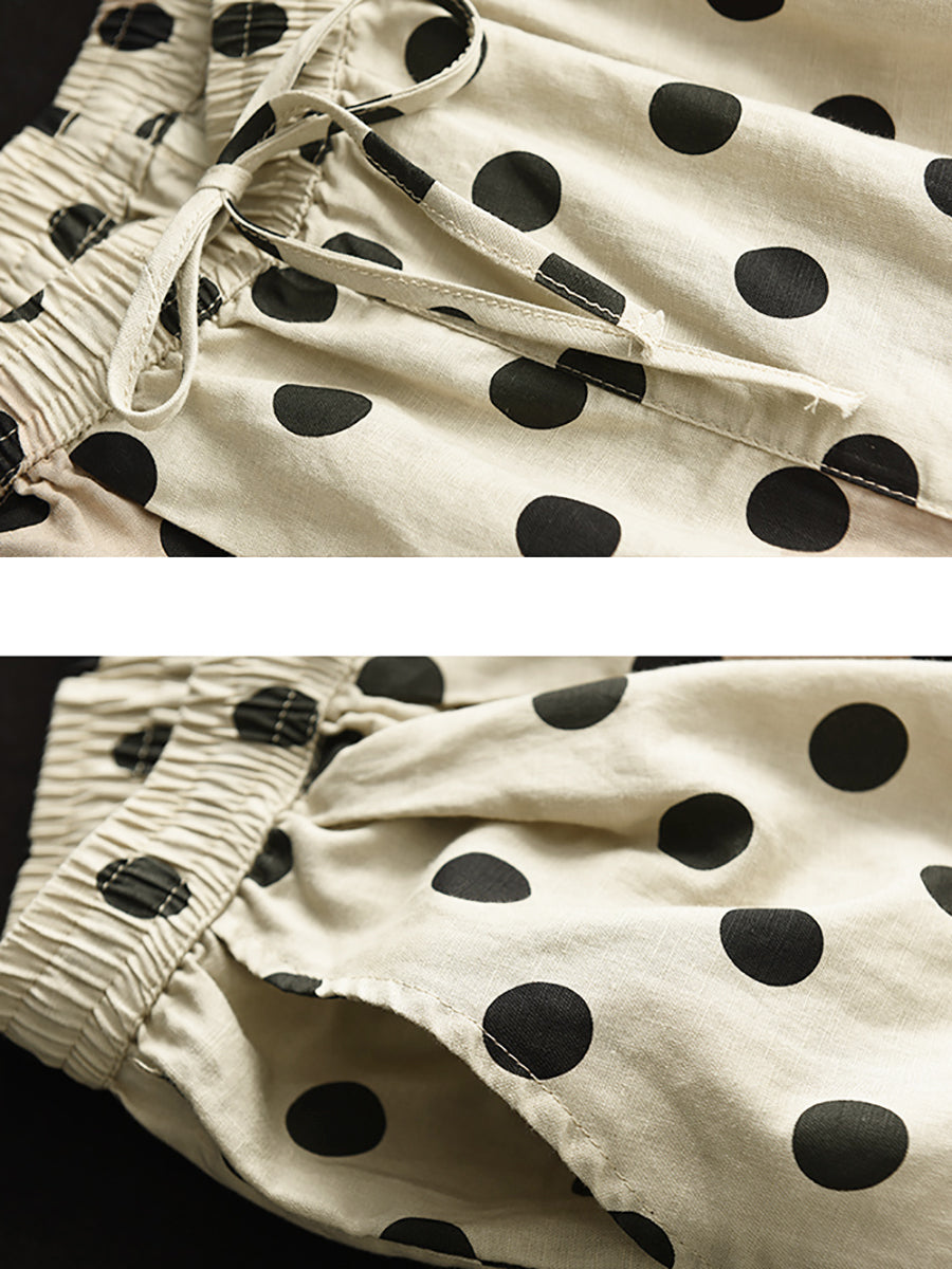 Pantaloni da donna vintage in lino con coulisse e pois a gamba larga