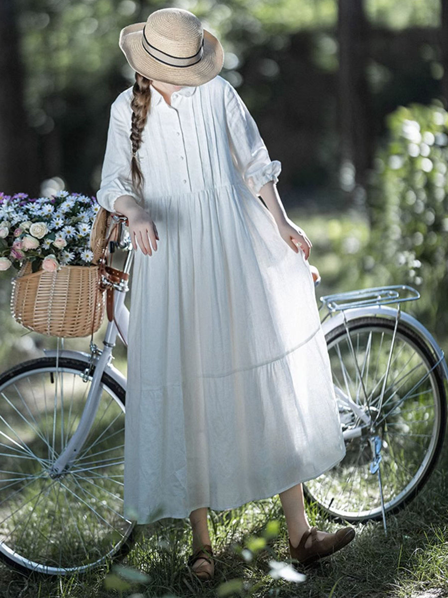 Women 100%Linen Shirred Solid Spring Dress