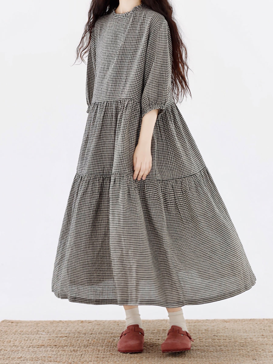 Women Artsy Plaid Spliced 100%Cotton Tiered Dress