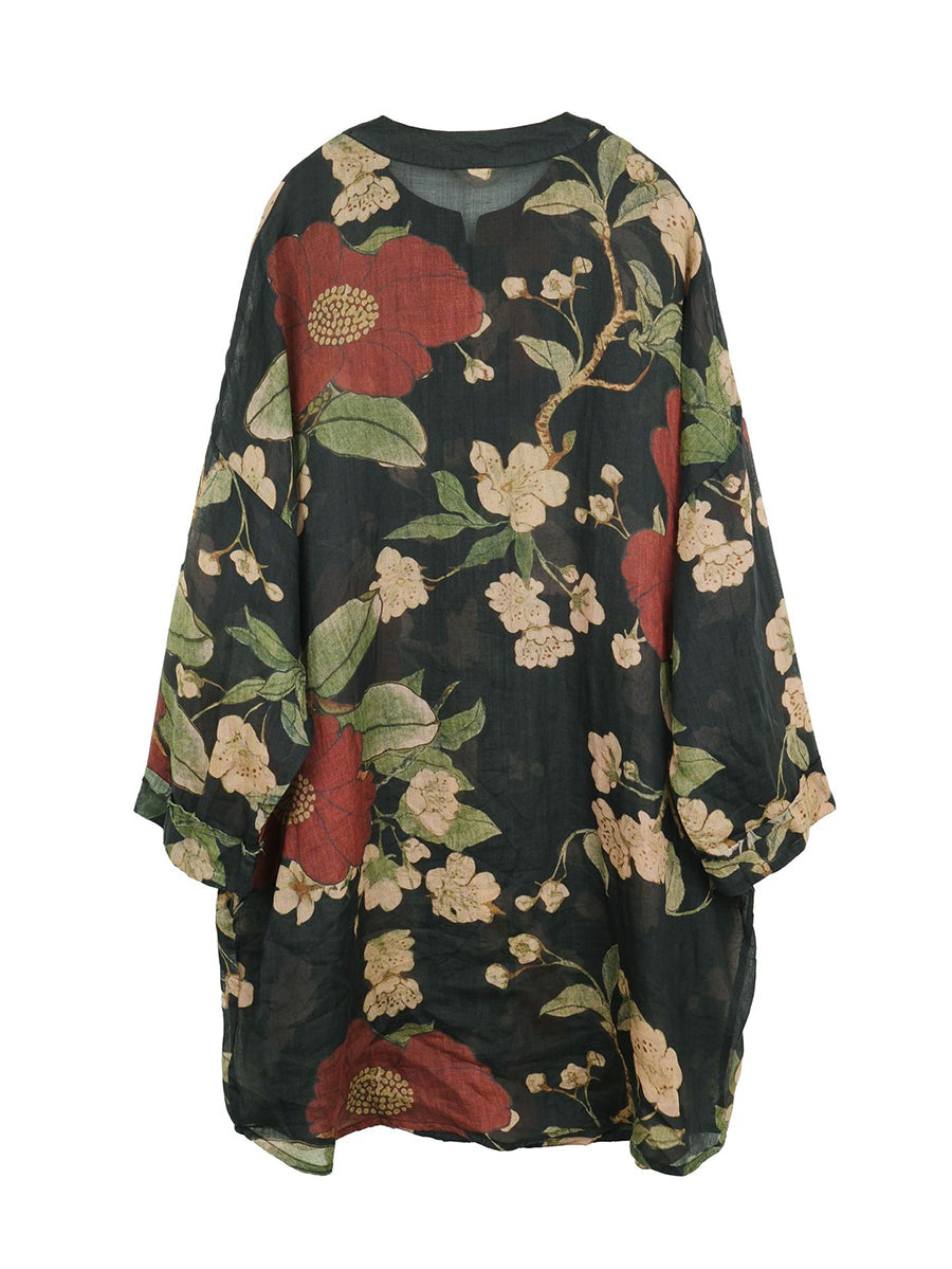 Camicia lunga primaverile con stampa floreale vintage da donna in ramiè