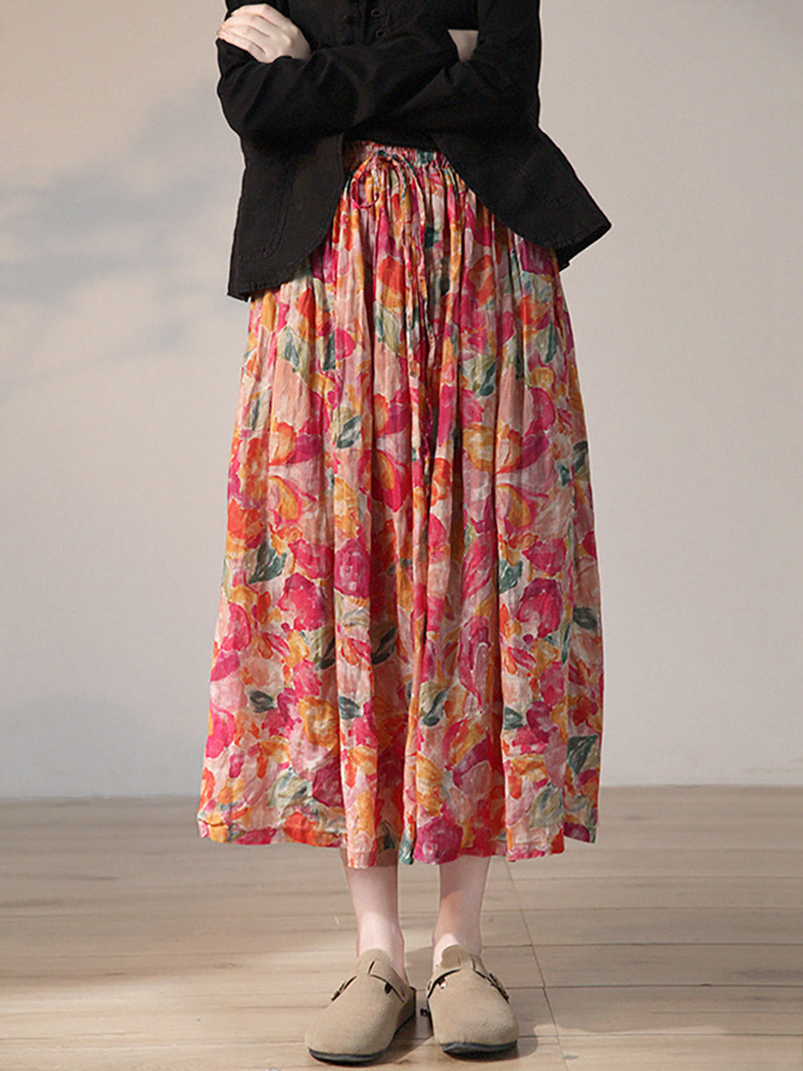 Gonna estiva da donna con coulisse in ramiè con fiori artistici