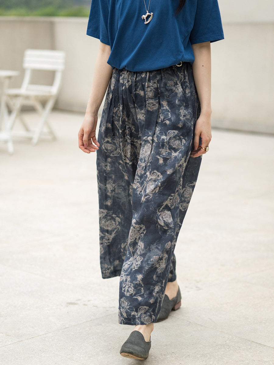 Pantaloni da donna in ramiè con gamba dritta, tasca a forma di fiore, estate retrò