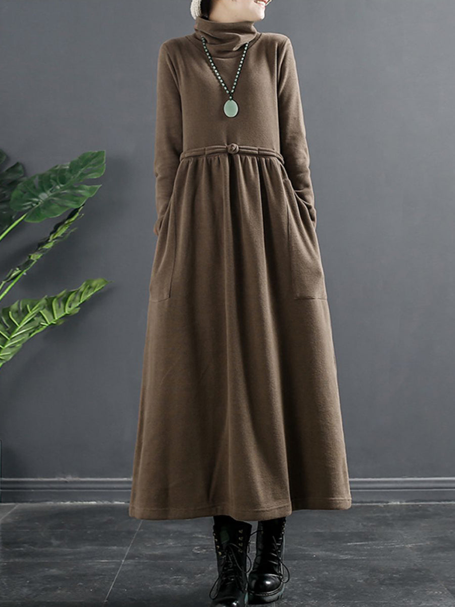 Abito lungo drappeggiato con collo alto in colore puro da donna