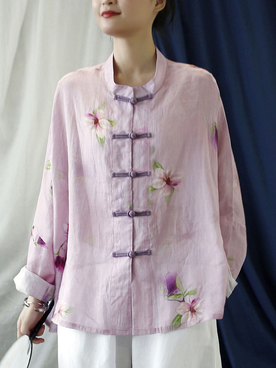 Cappotto camicia vintage da donna con fiori rosa primaverili in ramiè