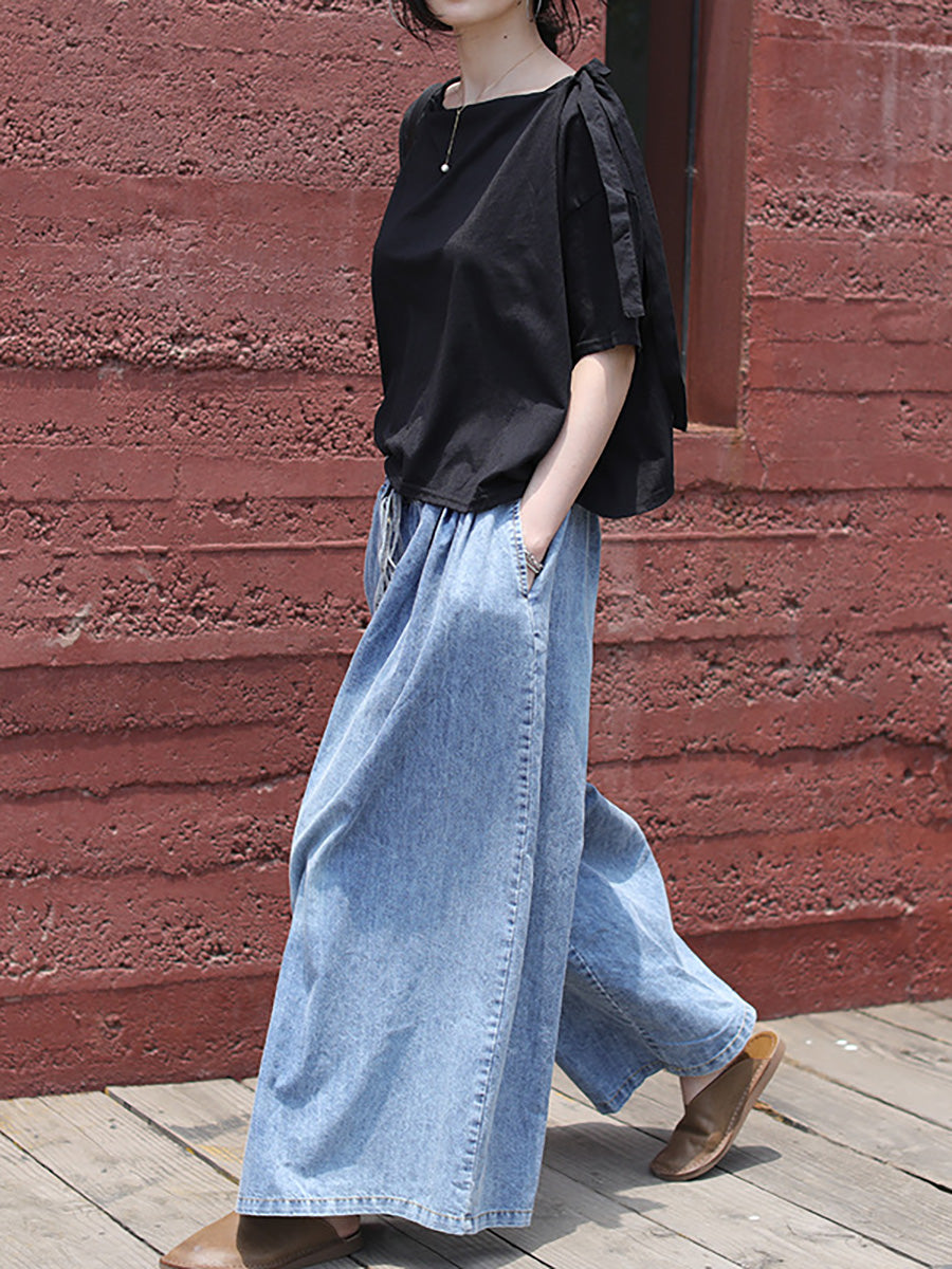 Pantalon large en denim bleu décontracté avec cordon de serrage