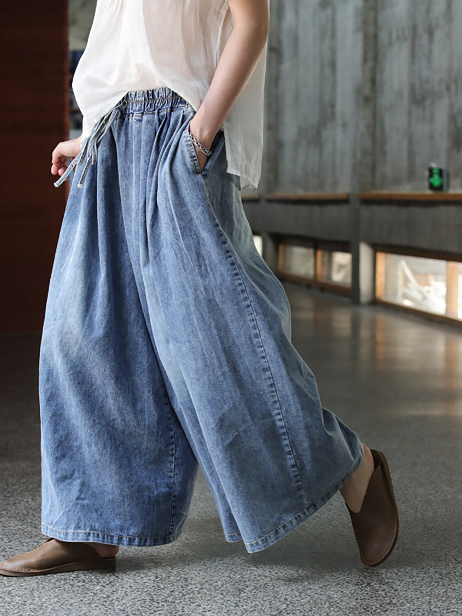 Pantalon large en denim bleu décontracté avec cordon de serrage