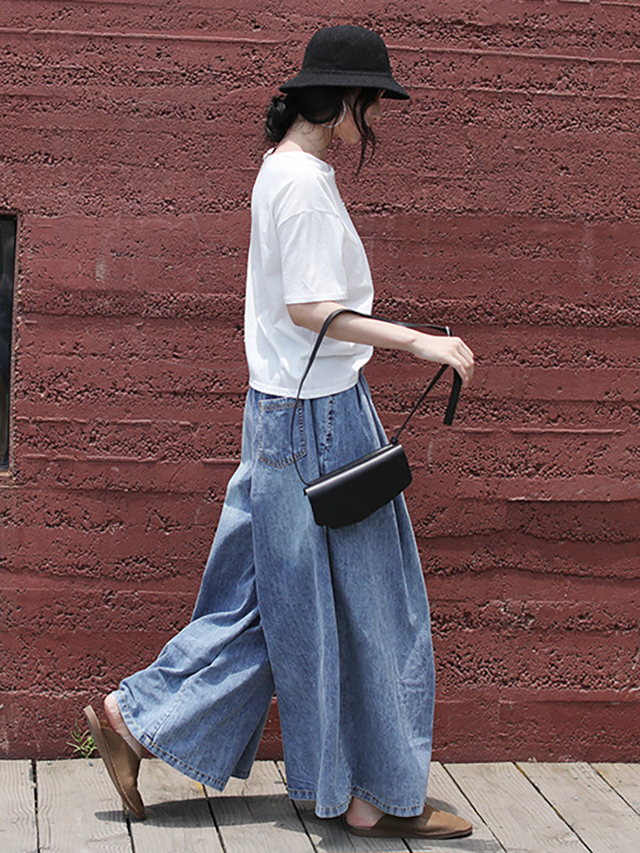 Pantalon large en denim bleu décontracté avec cordon de serrage