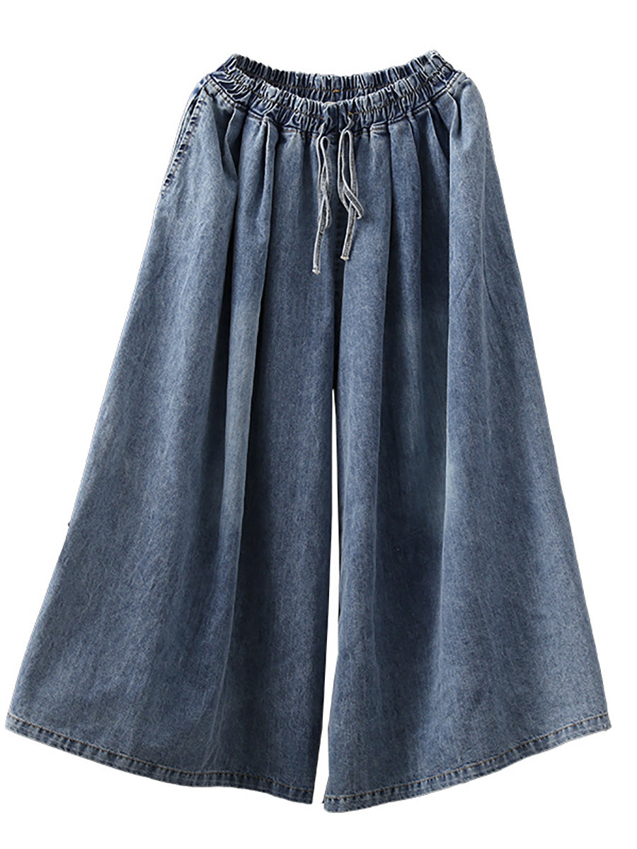 Pantalon large en denim bleu décontracté avec cordon de serrage