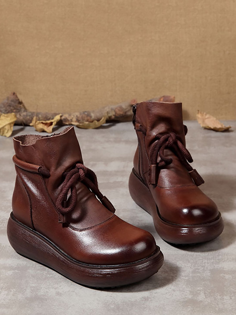 Stivali da donna vintage invernali in pelle con plateau
