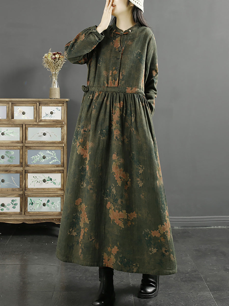 Abito da donna in cotone con stampa a foglia vintage autunnale