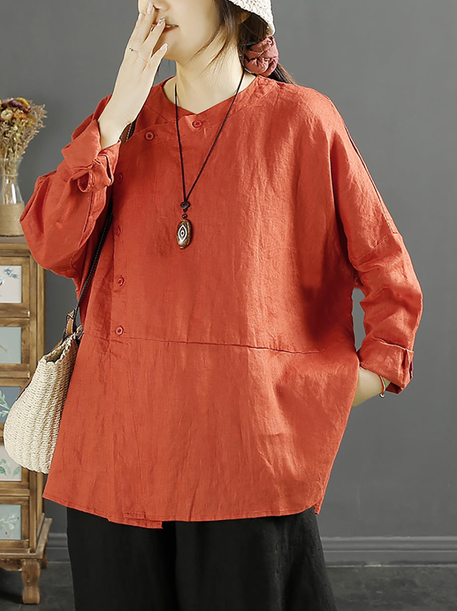 Camicia da donna in lino con chiusura inclinata vintage e tinta unita