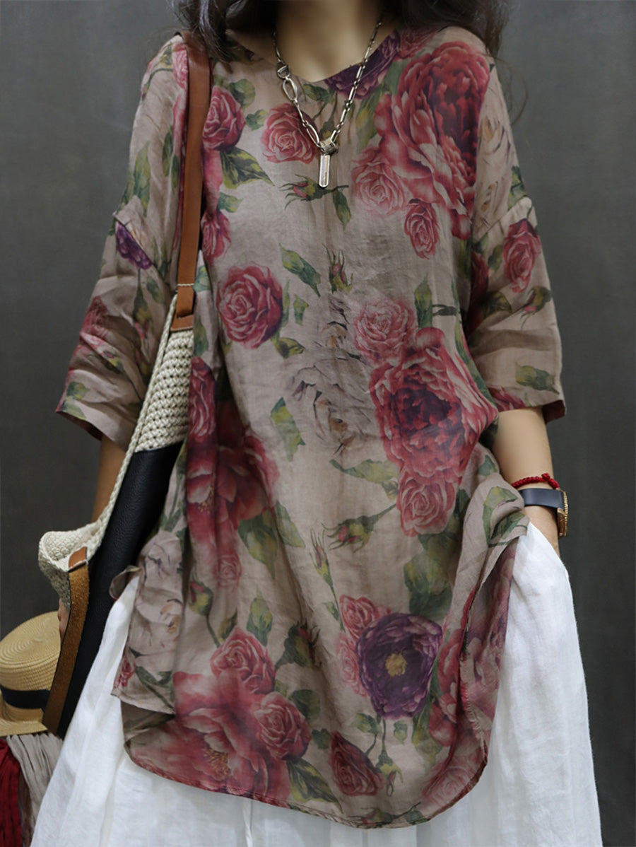 Camicetta estiva vintage da donna con fiori di ramiè M3XL