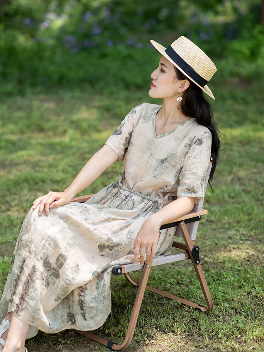 Robe en ramie à cordon de serrage et imprimé à l'encre pour femme