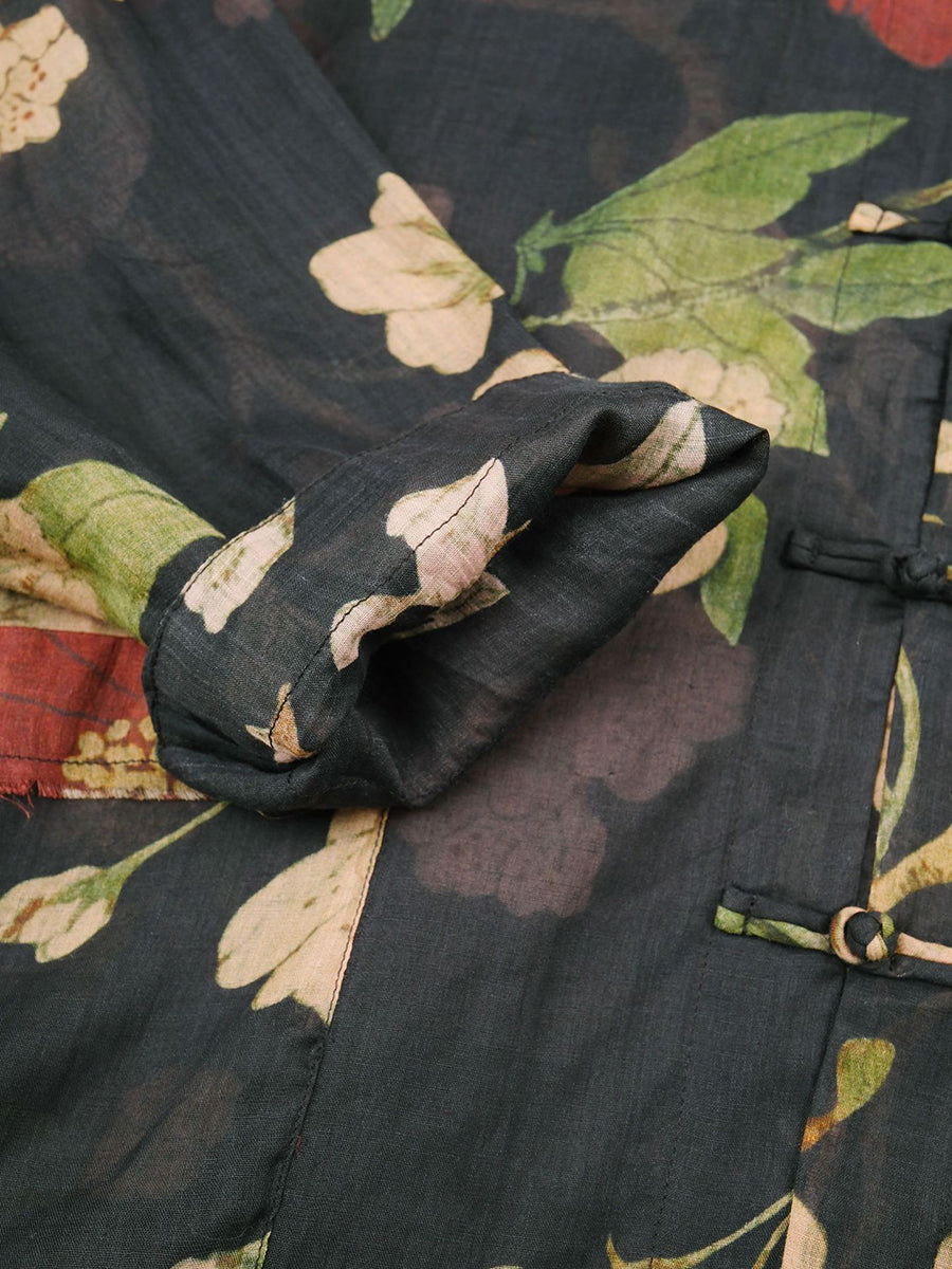 Camicia lunga primaverile con stampa floreale vintage da donna in ramiè