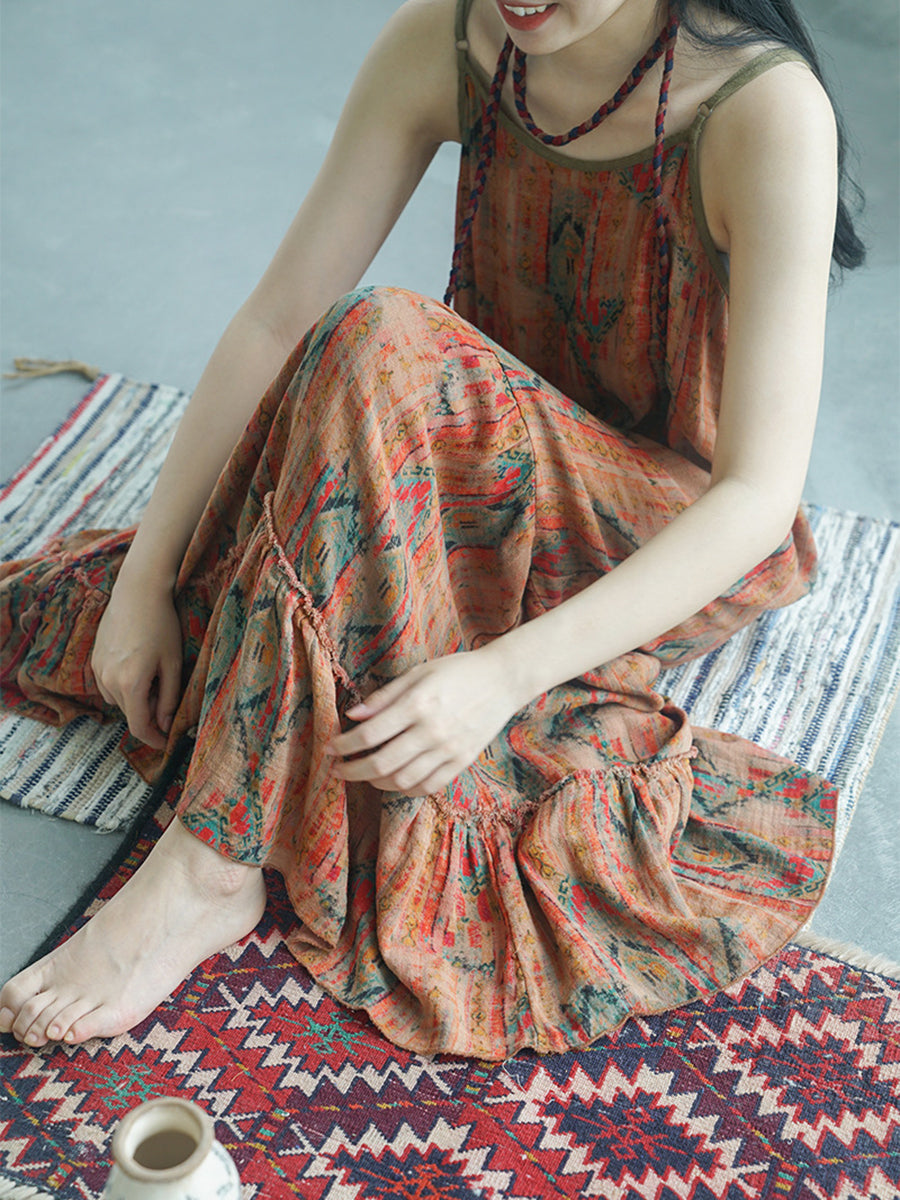 Women Exotic Print Cotton Loose Long Fishtail Vest Dress