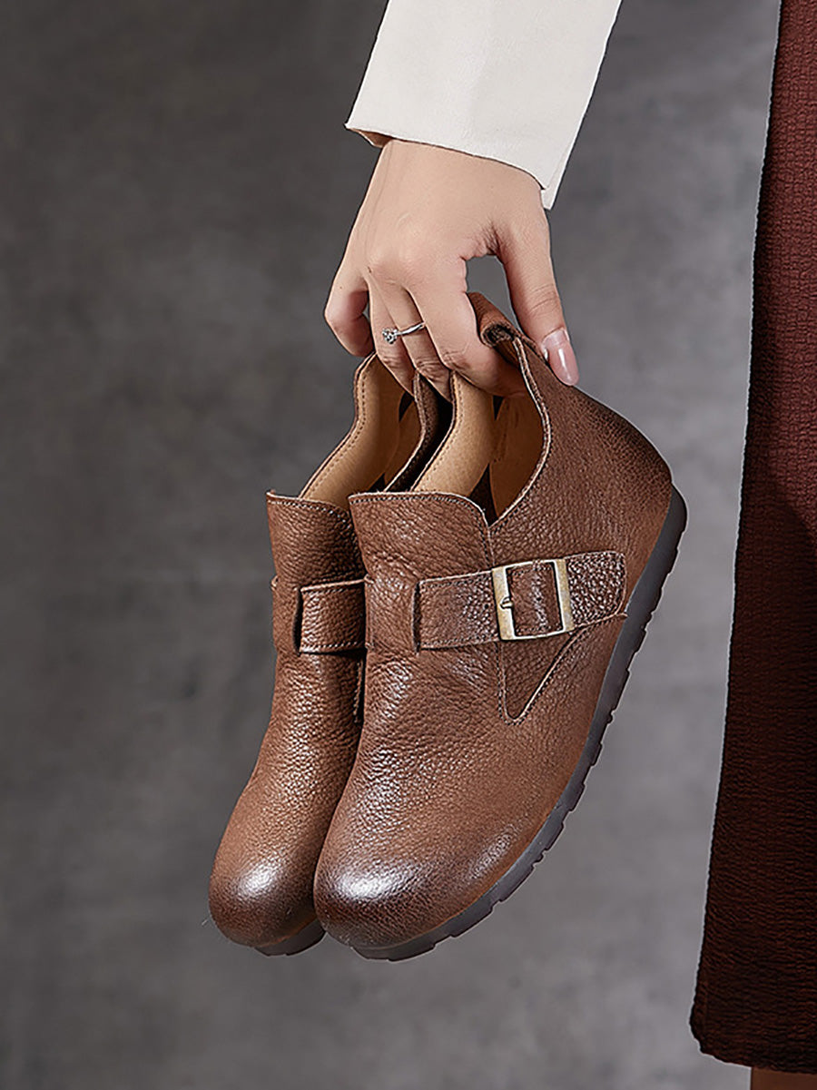 Women Vintage Soft Genuine Leather Buckle Flat Shoes