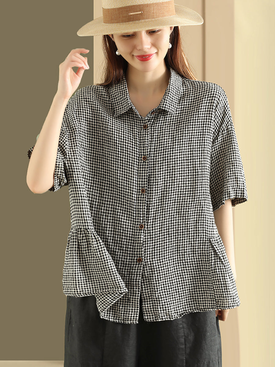 Cardigan estivo casual a quadri con bottoni in lino da donna