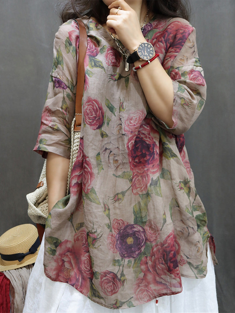Camicetta estiva vintage da donna con fiori di ramiè M3XL
