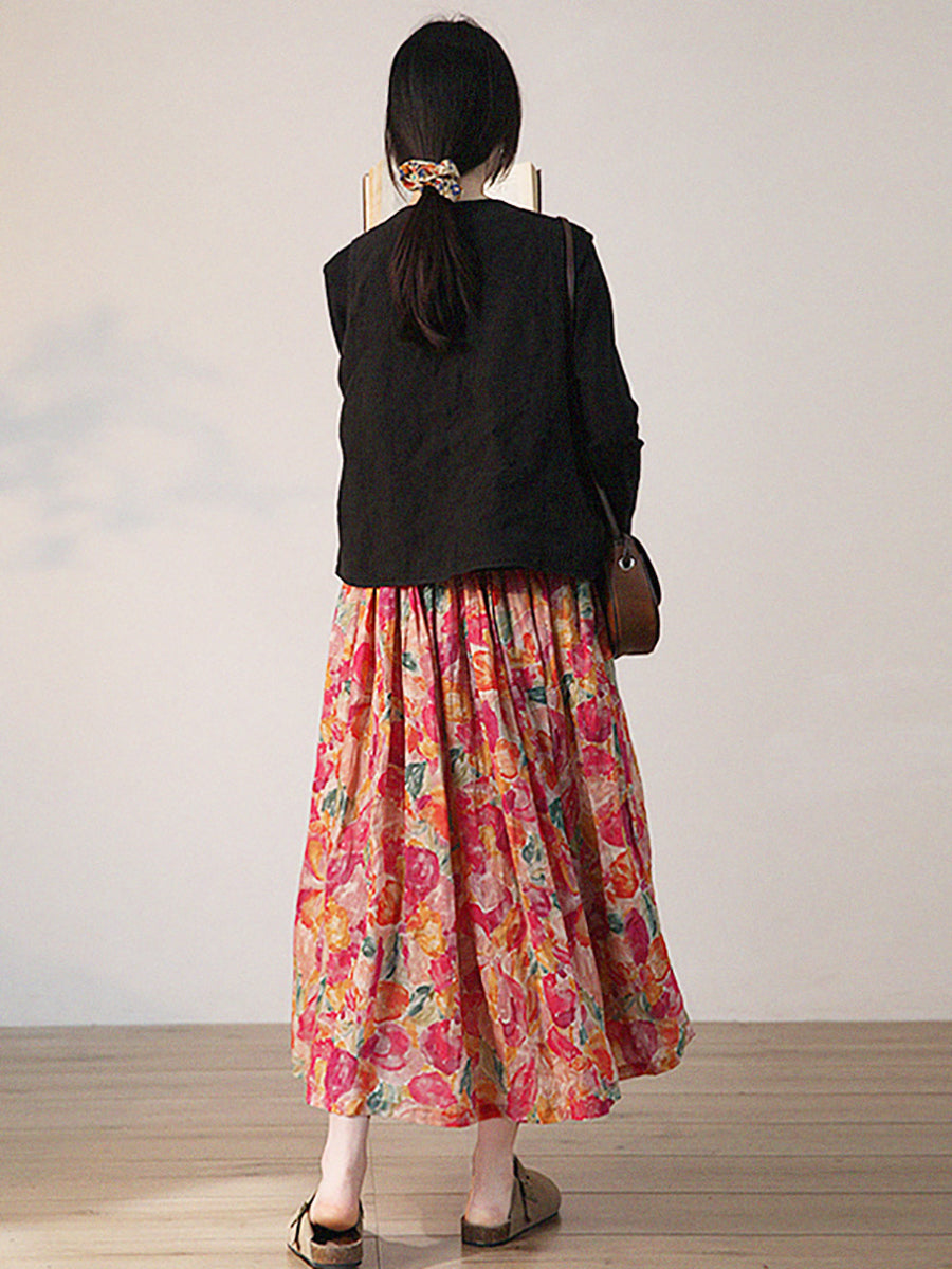 Gonna estiva da donna con coulisse in ramiè con fiori artistici