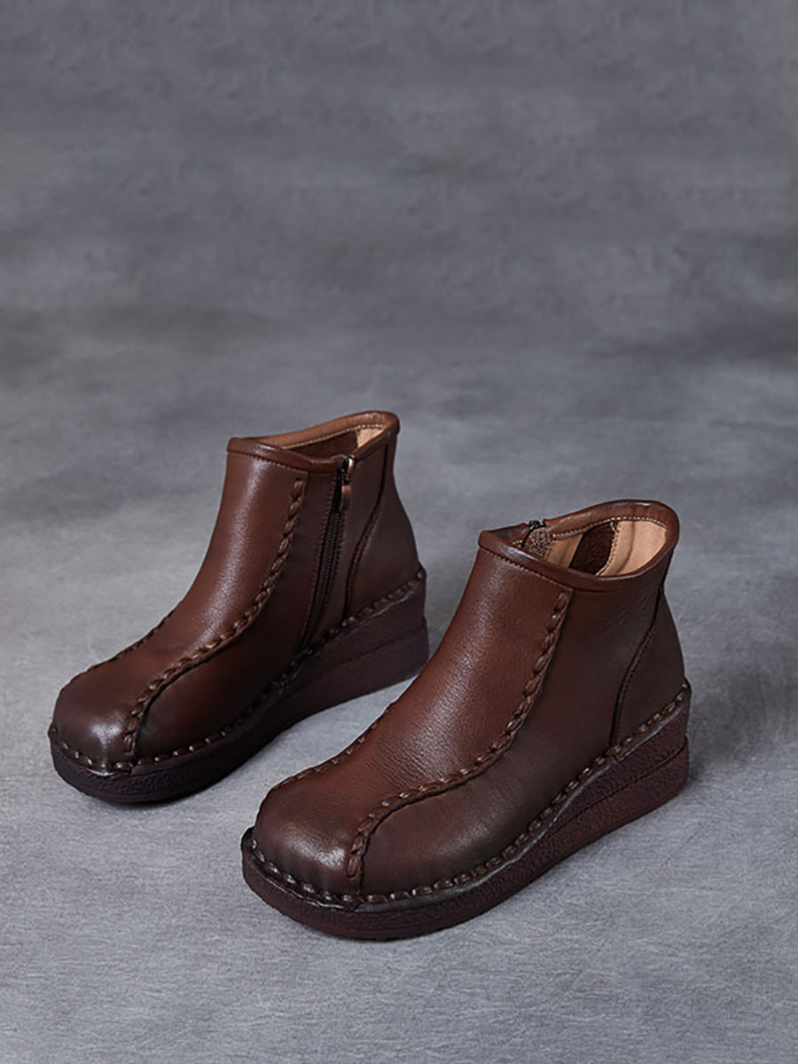 Bottes mi-talons rétro en cuir souple avec doublure polaire pour femmes 