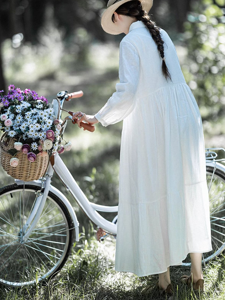 Women 100%Linen Shirred Solid Spring Dress