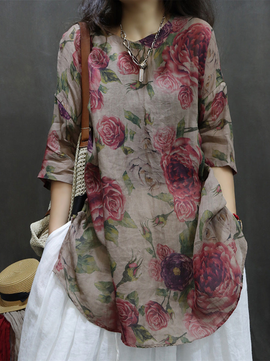 Camicetta estiva vintage da donna con fiori di ramiè M3XL
