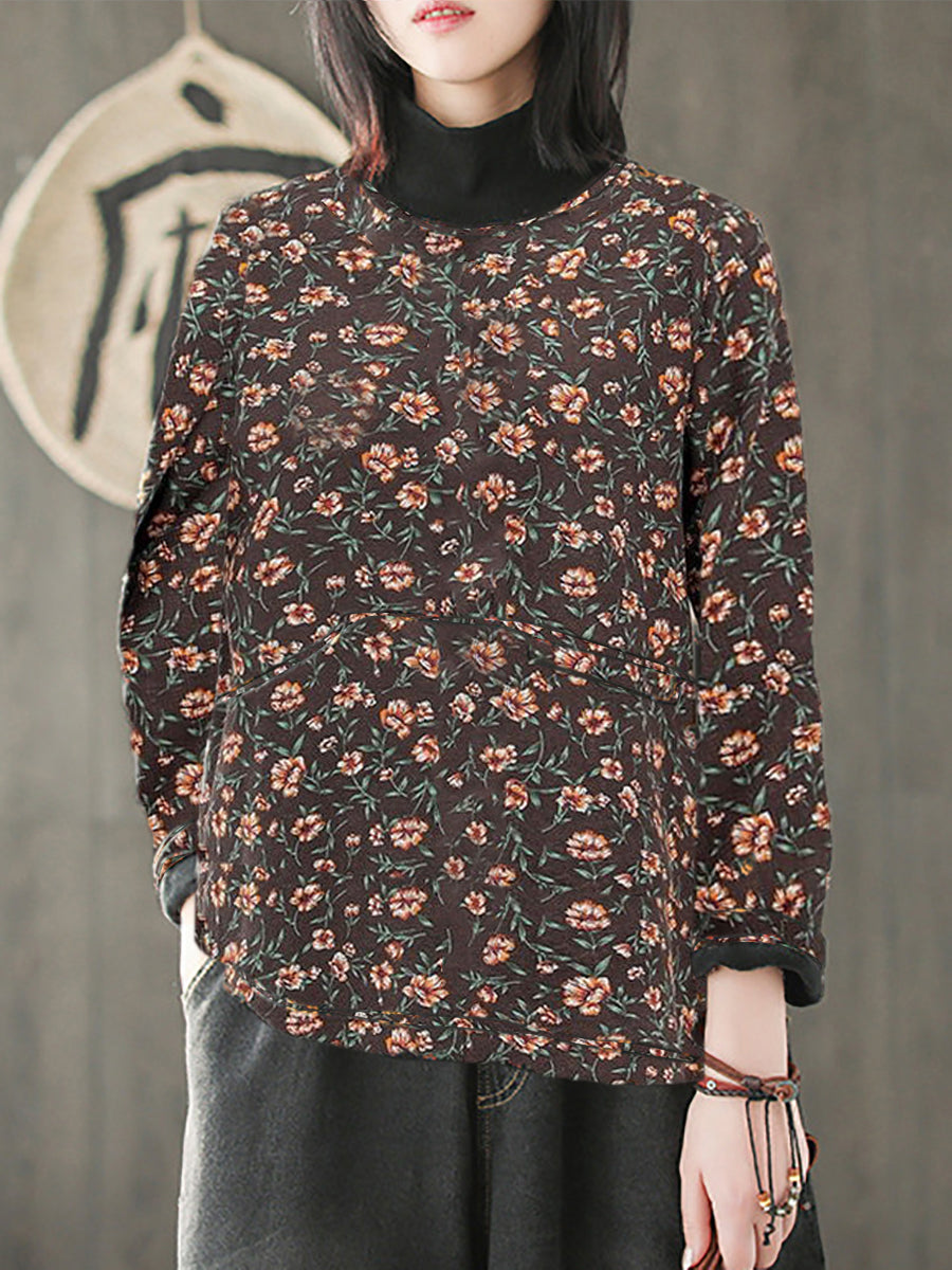 Camicia in cotone con collo a mezza altezza e fiore vintage