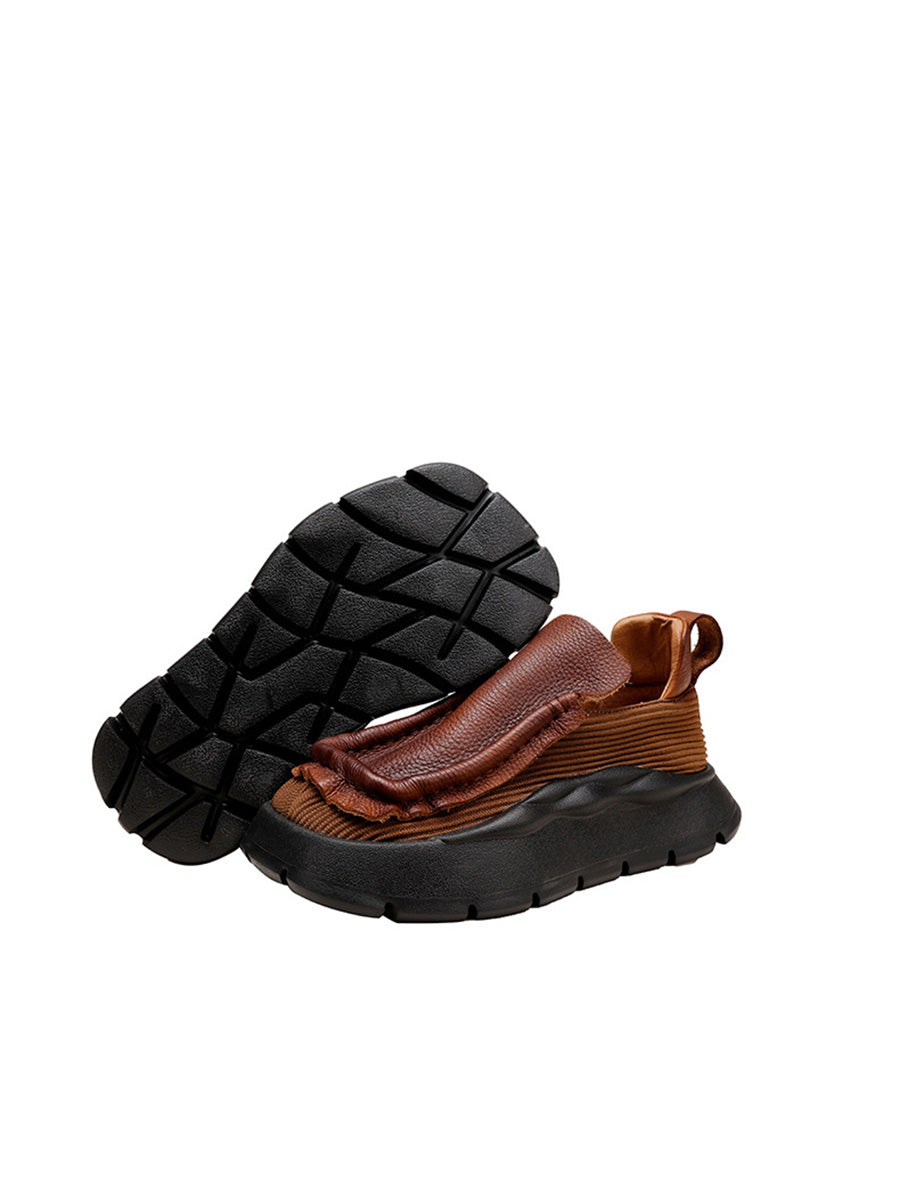 Women Retro Genuine Leather Spliced Platform Shoes