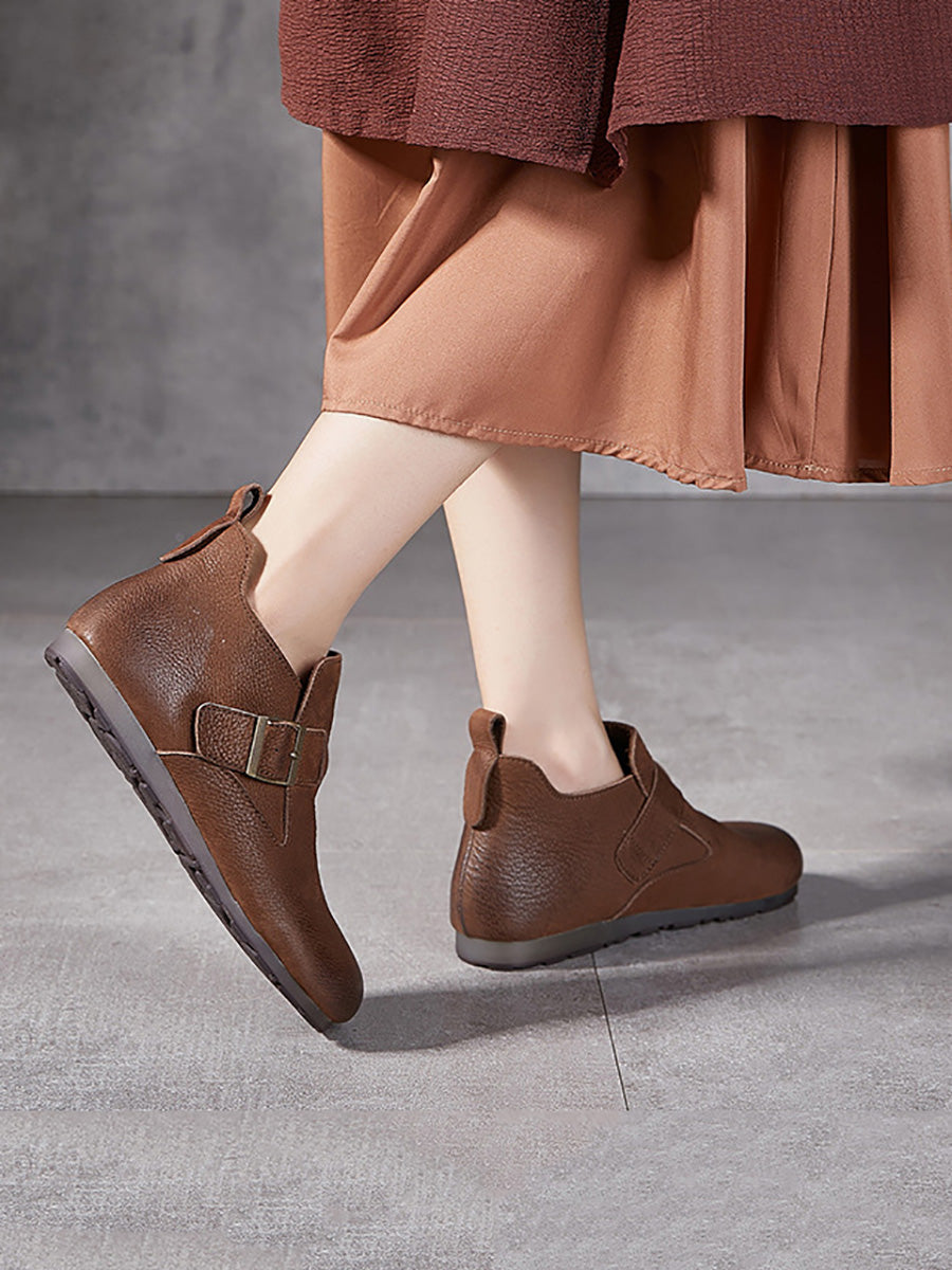 Women Vintage Soft Genuine Leather Buckle Flat Shoes