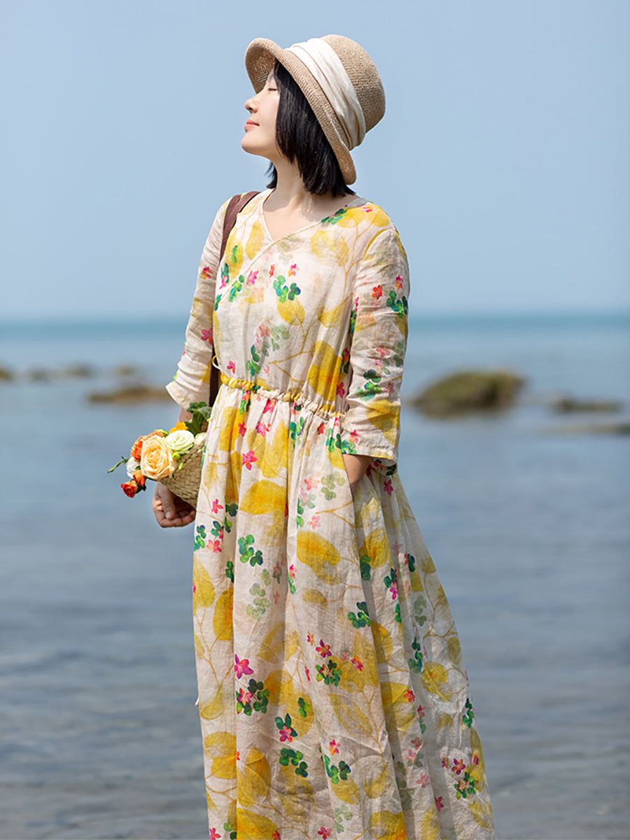 Abito da donna in ramiè con scollo a V e motivo floreale Prairie Chic estivo