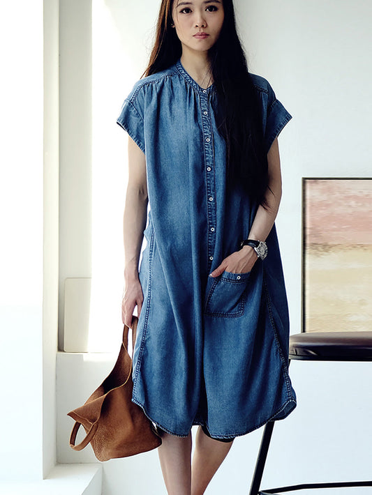 Vestito estivo casual da donna in denim blu tinta unita 