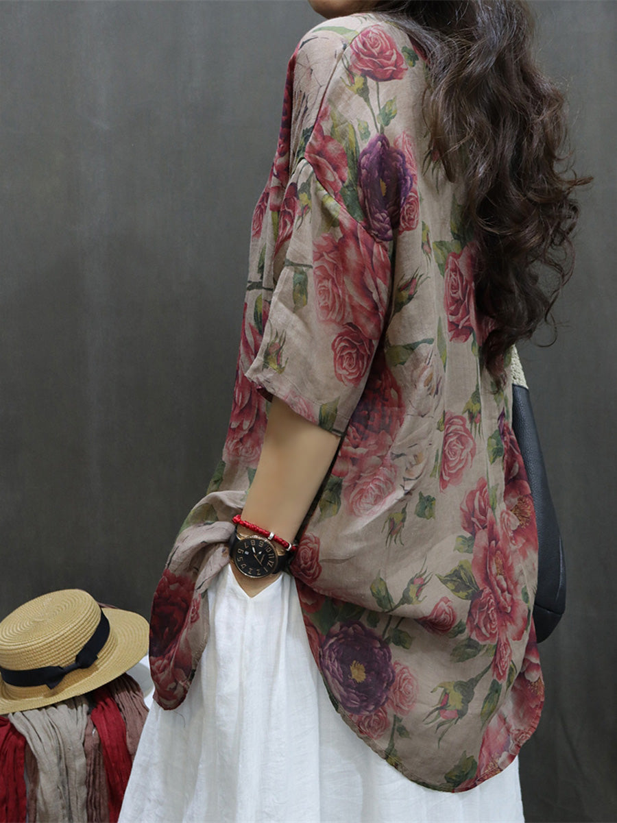 Camicetta estiva vintage da donna con fiori di ramiè M3XL