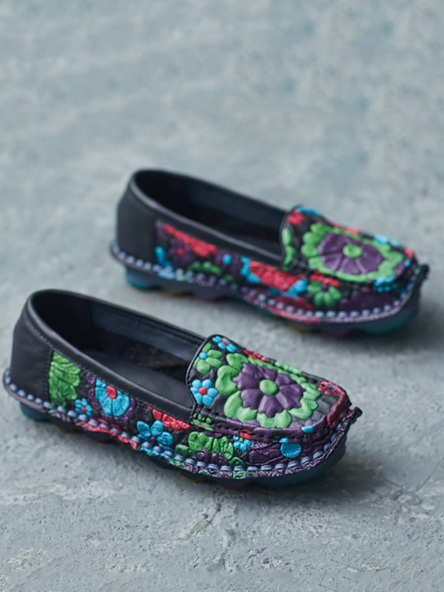 Scarpe piatte morbide in pelle con fiori estivi da donna