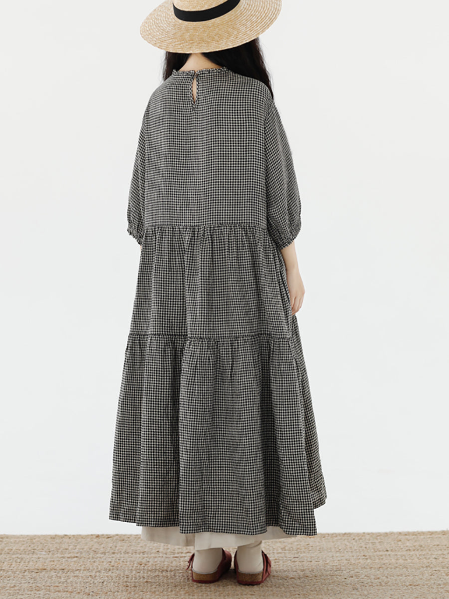 Women Artsy Plaid Spliced 100%Cotton Tiered Dress