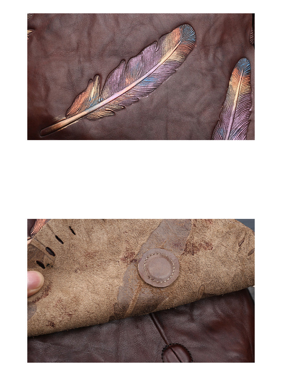 Zaino da donna in pelle vintage con stampa a piume