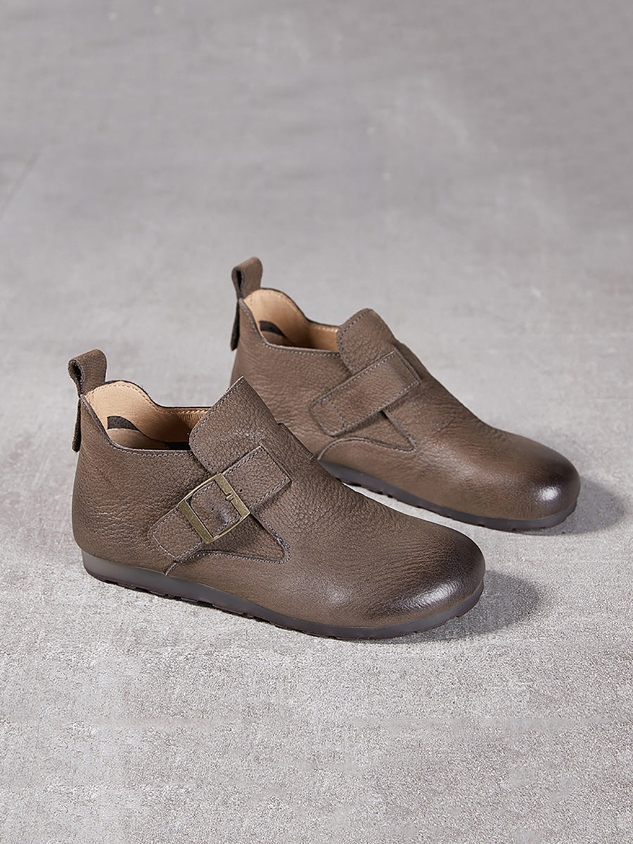 Women Vintage Soft Genuine Leather Buckle Flat Shoes