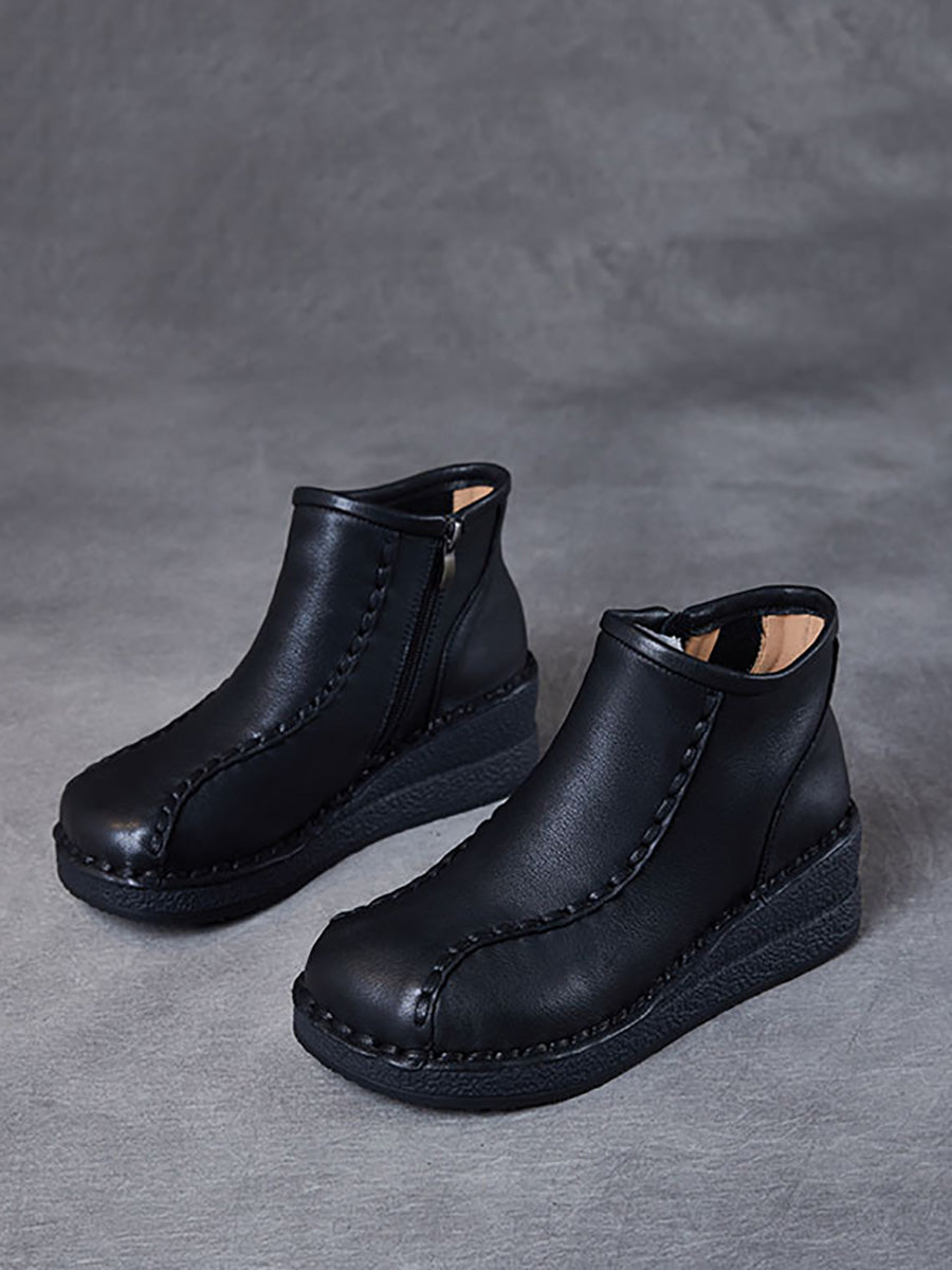 Bottes mi-talons rétro en cuir souple avec doublure polaire pour femmes 