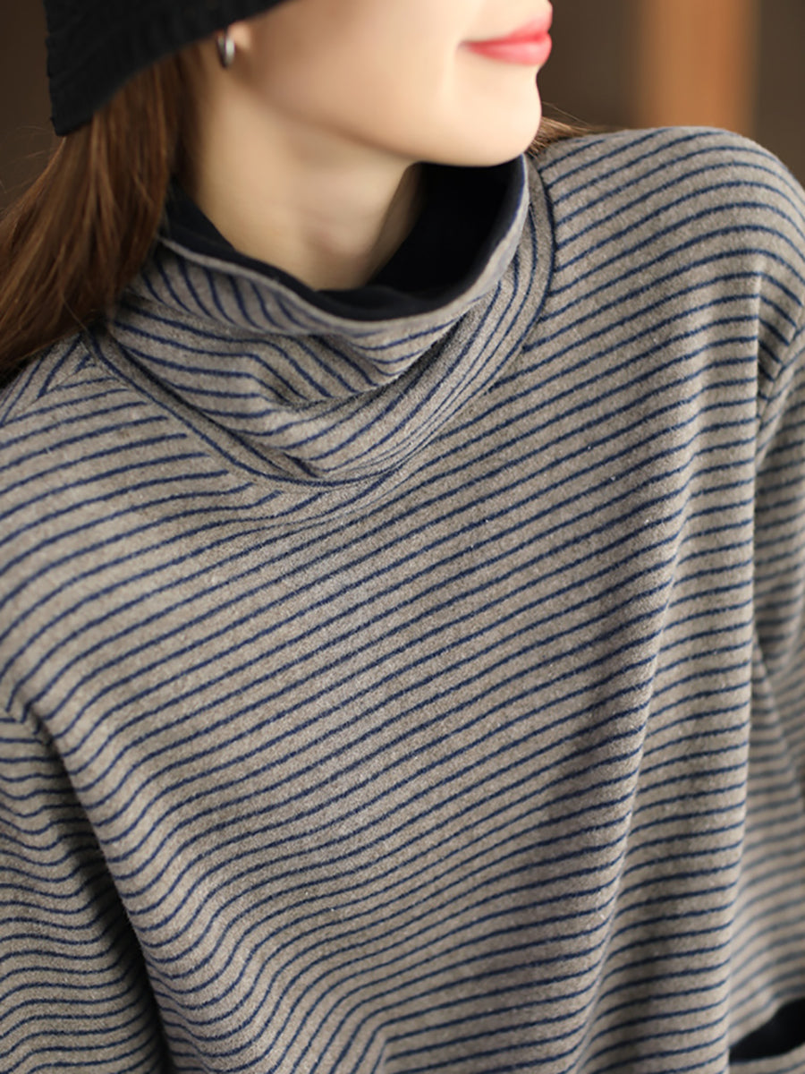 Sweat-shirt à col roulé à rayures décontracté pour femme