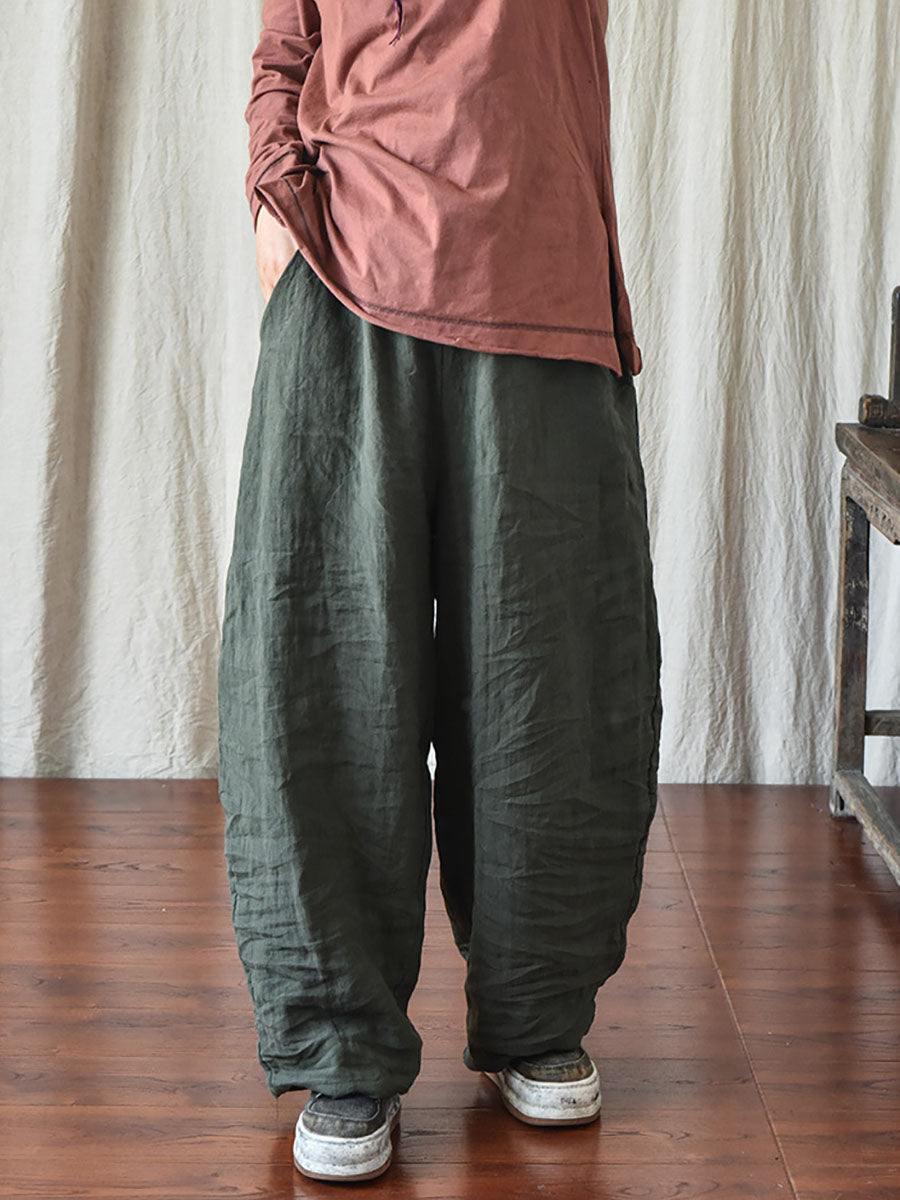 Pantalon en lin décontracté pour femme, couleur unie, ample, taille élastique
