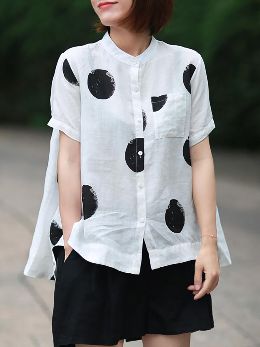 Camicia a collo alto in cotone e lino a pois