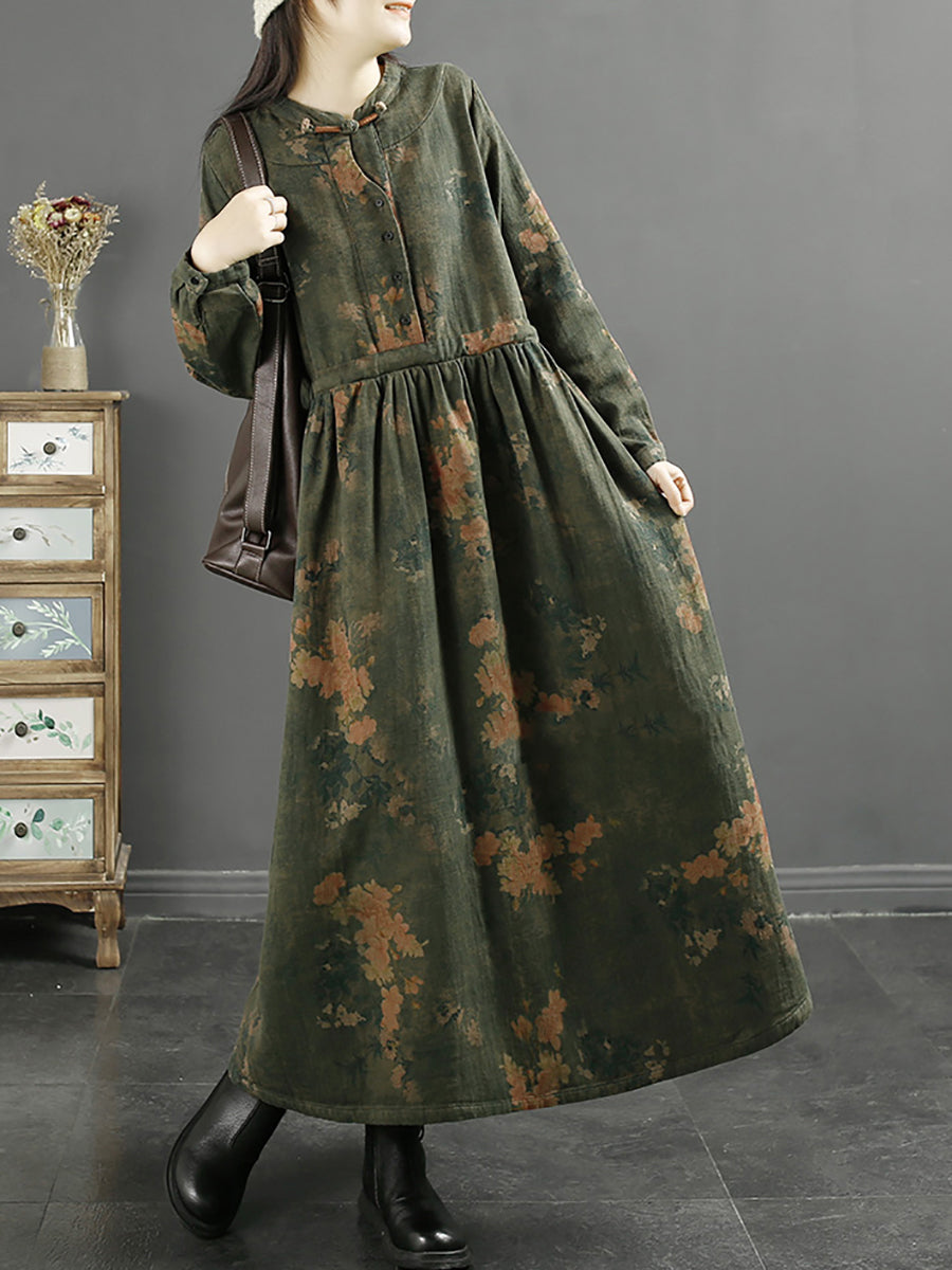 Abito da donna in cotone con stampa a foglia vintage autunnale