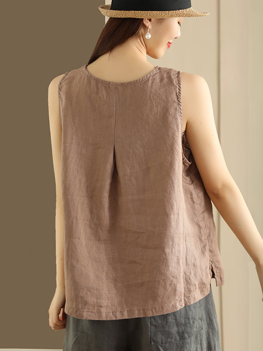Gilet estivo da donna, con bottoni, in lino al 100%, tinta unita e ampio