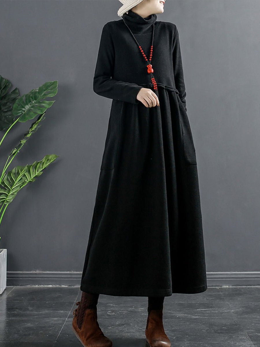 Abito lungo drappeggiato con collo alto in colore puro da donna