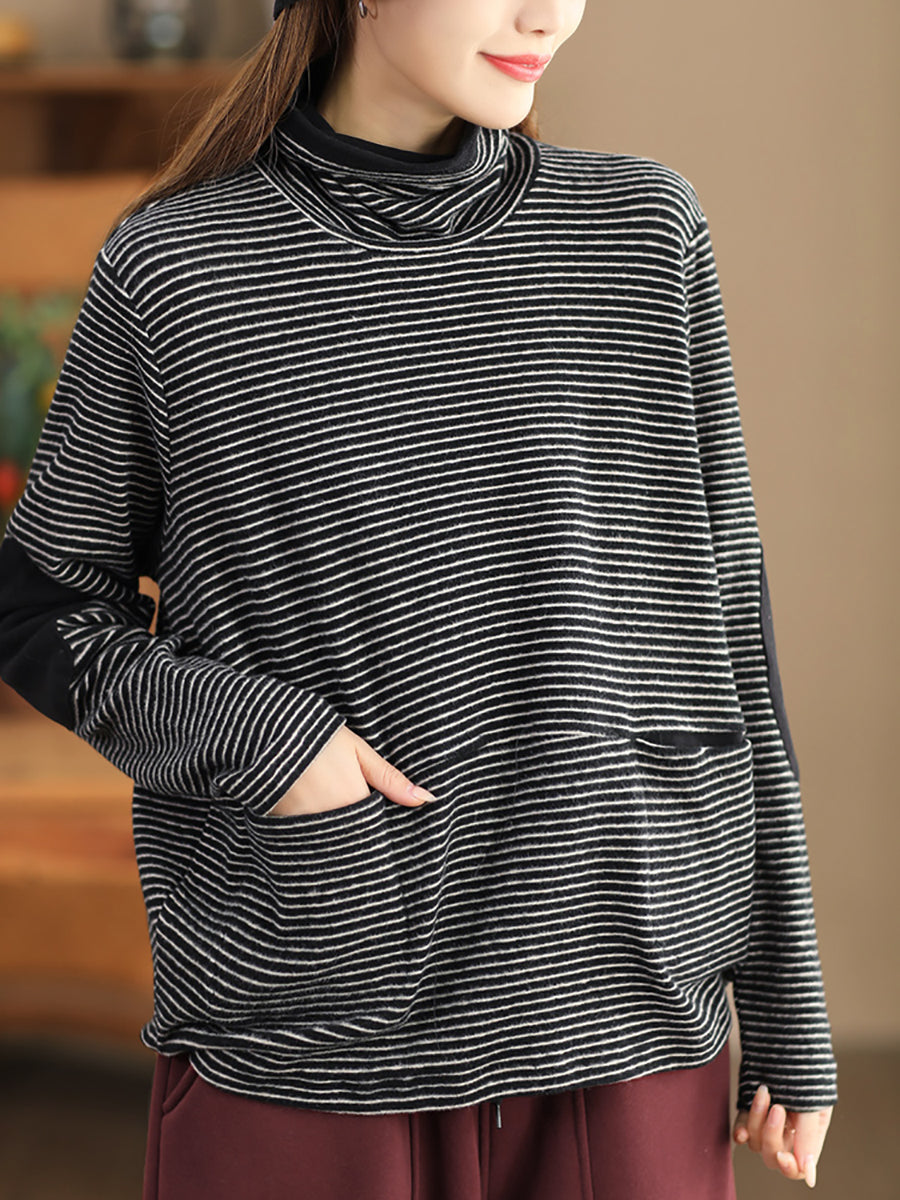 Sweat-shirt à col roulé à rayures décontracté pour femme
