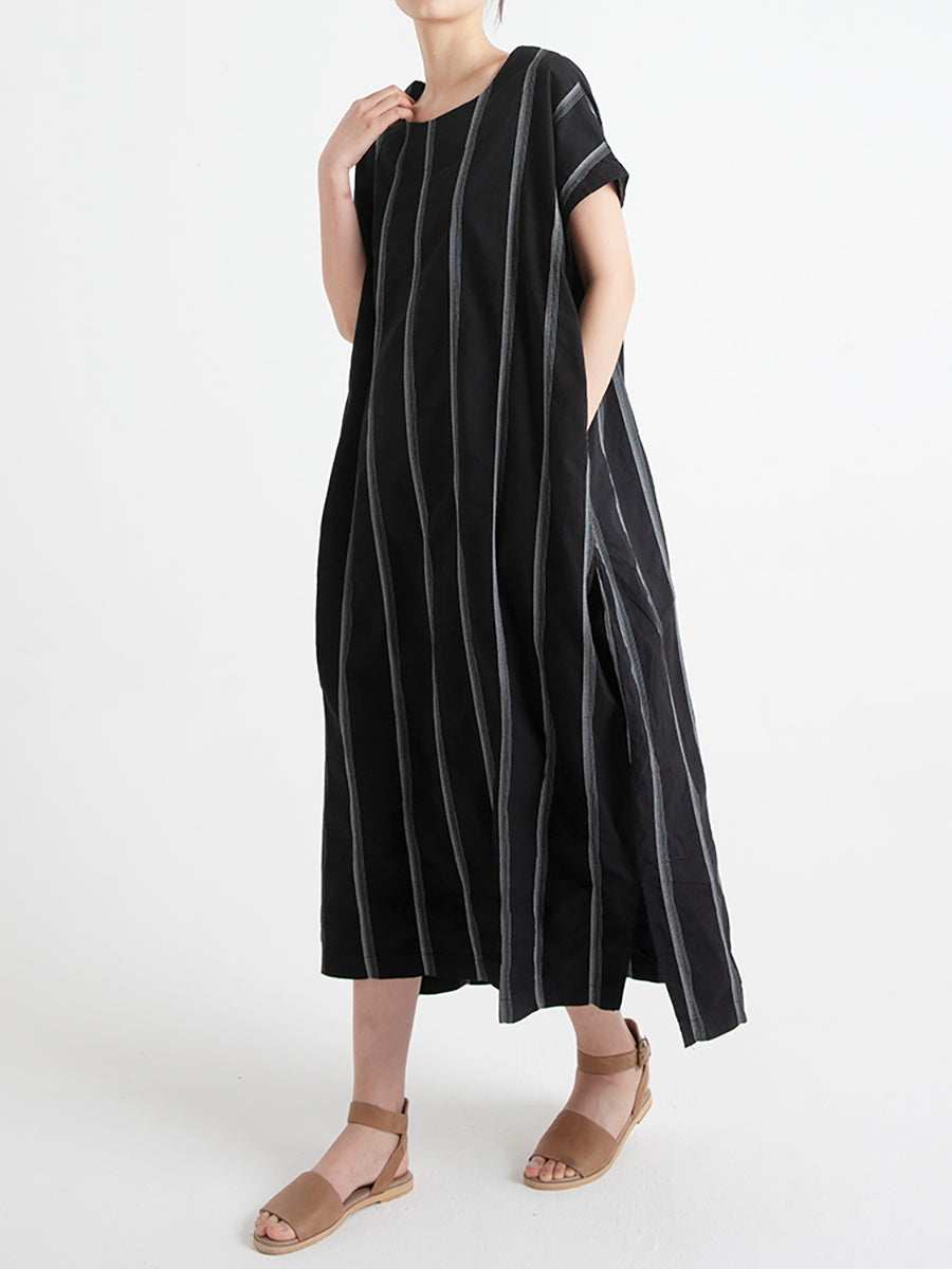 Vestito estivo casual ampio con scollo a V in cotone a righe