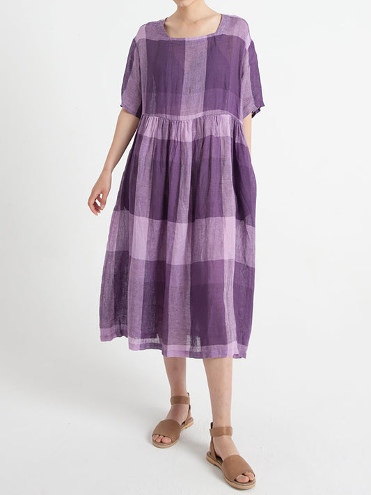 Robe d'été décontractée en lin à manches courtes et plissée