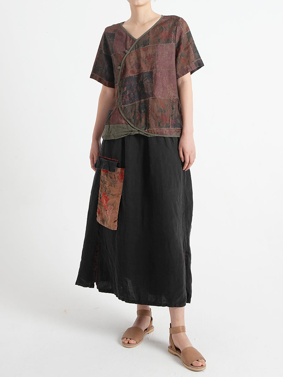Camicia estiva da donna in lino vintage floreale