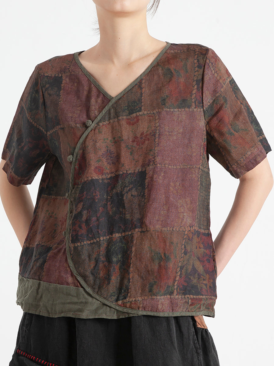 Camicia estiva da donna in lino vintage floreale