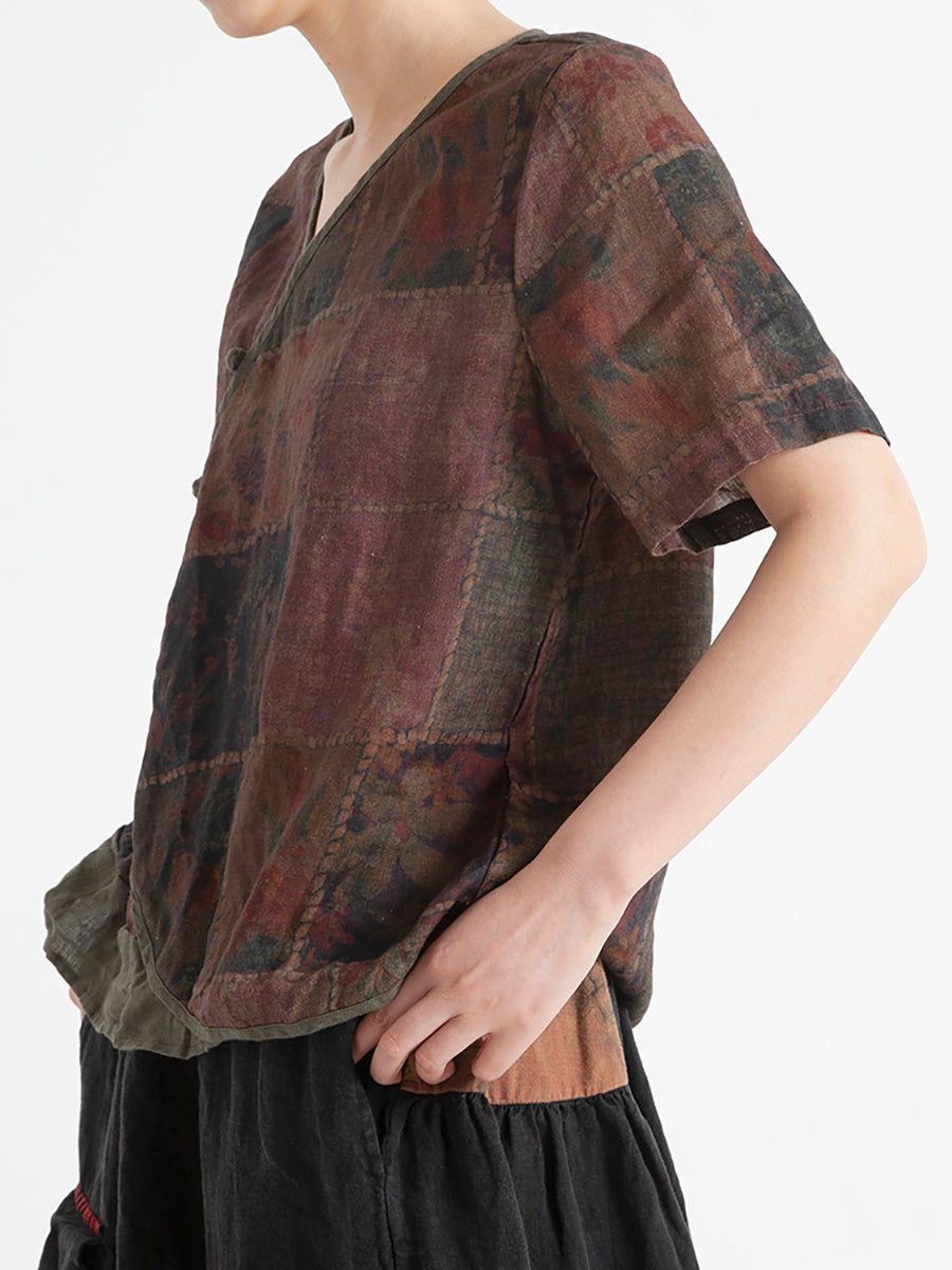 Camicia estiva da donna in lino vintage floreale