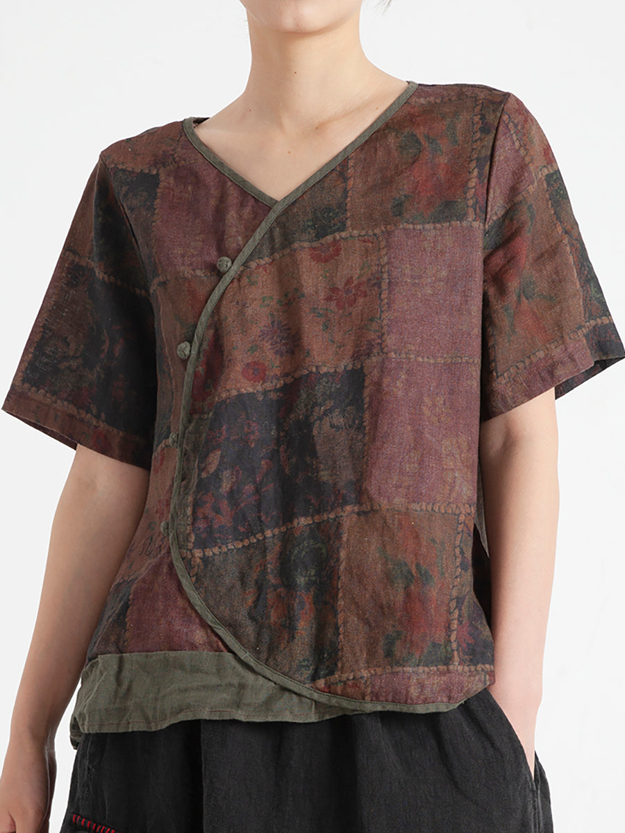 Camicia estiva da donna in lino vintage floreale
